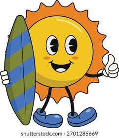 Lindo carácter de sol Groovy. Ilustración de dibujos animados de Vector