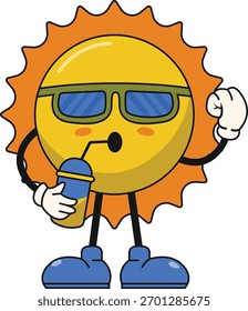 Lindo carácter de sol Groovy. Ilustración de dibujos animados de Vector