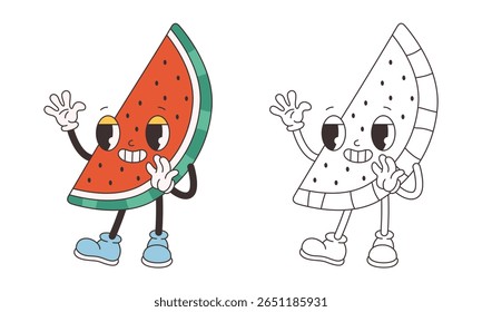 Página de coloração de melancia groovy bonito. Personagem de fruta de desenho animado funky na moda. Livro de cores de verão Groovy. Ilustração vetorial em estilo plano