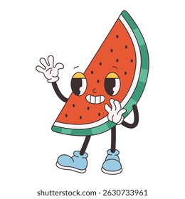 Cute groovy watermelon. Trendy funky retro cartoon fruit character. Groovy summer collection. Vector illustration in flat style