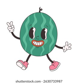 Cute groovy watermelon. Trendy funky retro cartoon fruit character. Groovy summer collection. Vector illustration in flat style