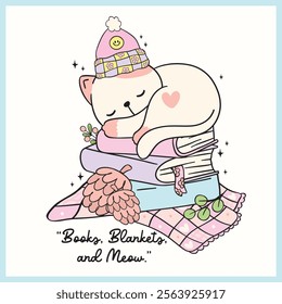 Cute Groovy Winter Bookish Cat Sleeping on Stacked of Books Illustration Hand Drawn Doodle.