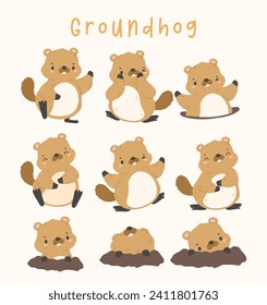 Cute groundhog animal set cartoon hand drawing, happy groundhog day collection.