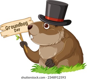 A cute groundhog cartoon with a festive Groundhog Day banner