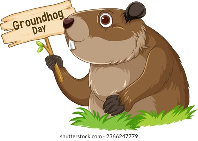 A cute groundhog cartoon holding a Groundhog Day banner