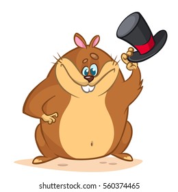 Cute groundhog cartoon with a mayor cylinder. Vector illustration for Groundhog Day