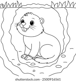 Cute Groundhog in the cave outline coloring page