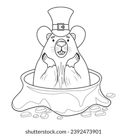 Cute groundhog character looks out of hole. Funny animal rodent. Vector linear hand drawing, coloring book. kids collection. Holiday character Groundhog Day. February 2