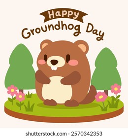 Cute Groundhog Character on Nature Platform for Groundhog Day. Cartoon groundhog surrounded by trees and flowers, celebrating Groundhog Day in a cute and colorful nature scene.