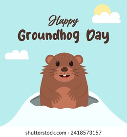 Cute groundhog crawls out of his hole. Happy Groundhog Day.  Vector template for greeting card, poster, flyer, banner.