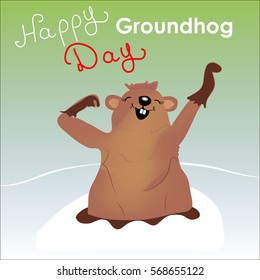 Cute Groundhog Day Card, as a fun, cheery cartoon character with speech bubble marmot and handwritten text, vector