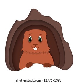 Cute Groundhog Day card as funny cartoon character of marmot . paper style.  paper cut. vector illustration.