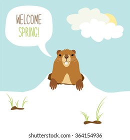 Cute Groundhog Day card as funny cartoon character of marmot with speech bubble and hand written text