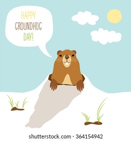 Cute Groundhog Day card as funny cartoon character of marmot with speech bubble and hand written text