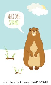 Cute Groundhog Day card as funny cartoon character of marmot with speech bubble and hand written text