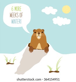 Cute Groundhog Day card as funny cartoon character of marmot with speech bubble and hand written text