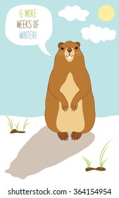 Cute Groundhog Day card as funny cartoon character of marmot with speech bubble and hand written text