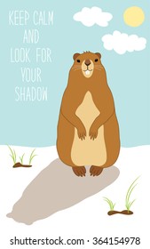 Cute Groundhog Day card as funny cartoon character of marmot 