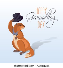 Cute Groundhog Day card with funny cartoon marmot. Vector marmot with top hat, shade, and the inscription on a light background.