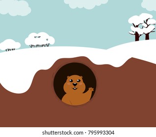 Cute Groundhog Day card with funny groundhog on winter landscape. Vector drawing in cartoon style.