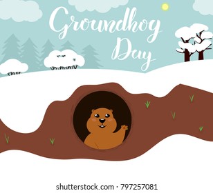 Cute Groundhog Day card with funny groundhog on winter landscape and hand lettering name of the holiday. Vector drawing in cartoon style. Concept for card, cover or poster.