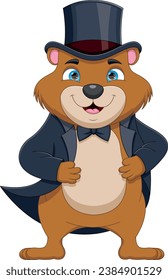 cute groundhog in elegant suit and hat cartoon