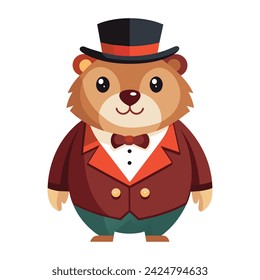 cute groundhog in elegant suit and hat on white