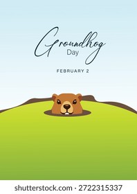 Cute groundhog emerging from burrow celebrating traditional Groundhog Day seasonal festival