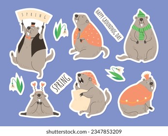 Cute groundhog greeting spring stickers set. Wild ground animal, woodchuck mammal enjoying spring. Cartoon funny furry marmot with big front teeth vector illustrations on blue. Happy groundhog day