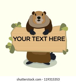 A cute groundhog holding a paper board with leaves.