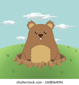 Cute Groundhog illustration, happy groundhog day