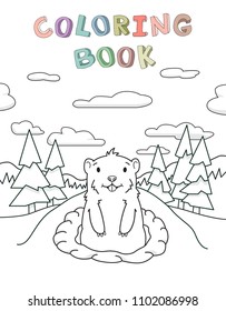 Cute groundhog looking out from the burrow on scenic pine forest and sky background. Contour vector illustration for coloring book. Cartoon style.