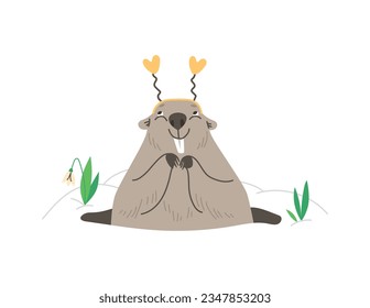 Cute groundhog looks out of hole decorated rim with hearts vector cartoon illustration. Wild animal living in the ground, enjoying spring with snowdrops. Funny furry marmot with big front teeth