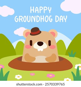 Cute Groundhog Popping Out of a Hole for Groundhog Day. Adorable cartoon groundhog peeking out of a hole, surrounded by nature, flowers, and a bright blue sky.