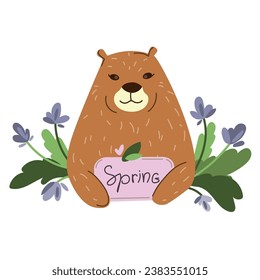 Cute groundhog with spring flowers and leaves.Happy Groundhog day concept.Vector simple illustration in cartoon style