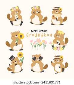 Cute groundhog springtime animal set cartoon hand drawing, happy groundhog day welcome early spring collection.