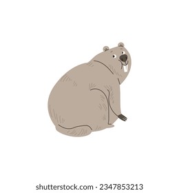 Cute groundhog vector cartoon illustration, back view. Wild animal living in the ground isolated on white background. Cartoon funny positive furry marmot with big front teeth