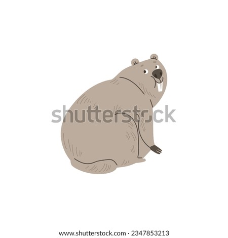Cute groundhog vector cartoon illustration, back view. Wild animal living in the ground isolated on white background. Cartoon funny positive furry marmot with big front teeth