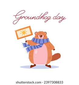 Cute groundhog welcomes spring. Vector illustration