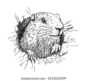 Cute Groundhog, who came out of his burrow. Sketch. Groundhog with fluffy fur sitting on a meadow. Cute little wild animal sitting in a hole. Vector illustration on white background.