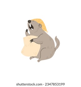 Cute groundhog yawns with pillow and hat vector illustration. Wild animal living in the ground isolated on white background. Funny positive furry marmot with big front teeth