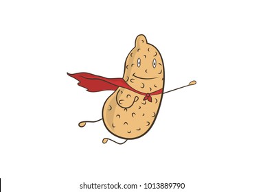 Cute Groundnut Character flying with  a superhero cape. Vector Illustration. Isolated on white background.