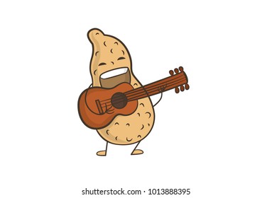 Cute Groundnut Character playing the guitar. Vector Illustration. Isolated on white background.