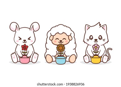 cute of group animal with pot of flower