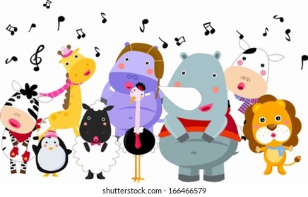Cute group of animals sings in winter