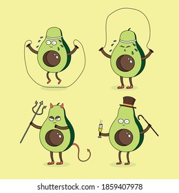 Cute group of avocados cartoon. Fitness, dandy, devil.