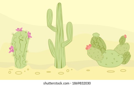 cute group of cacti of different species wild west vector illustration