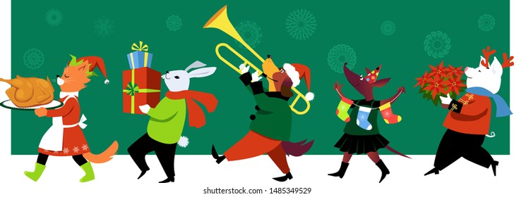 Cute group of cartoon animals in fun outfits celebrates Christmas with turkey, gifts and music, EPS 8 vector illustration