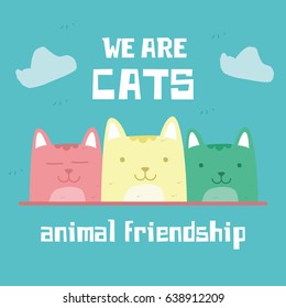 Cute group Cat Design for tee print, t-shirt, embroidery, shirt, mug, bag, lunchbox, wallpaper, tote bag, poster and banner flat design for kids. Retro vector illustration