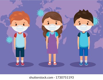 cute group children using face mask vector illustration design